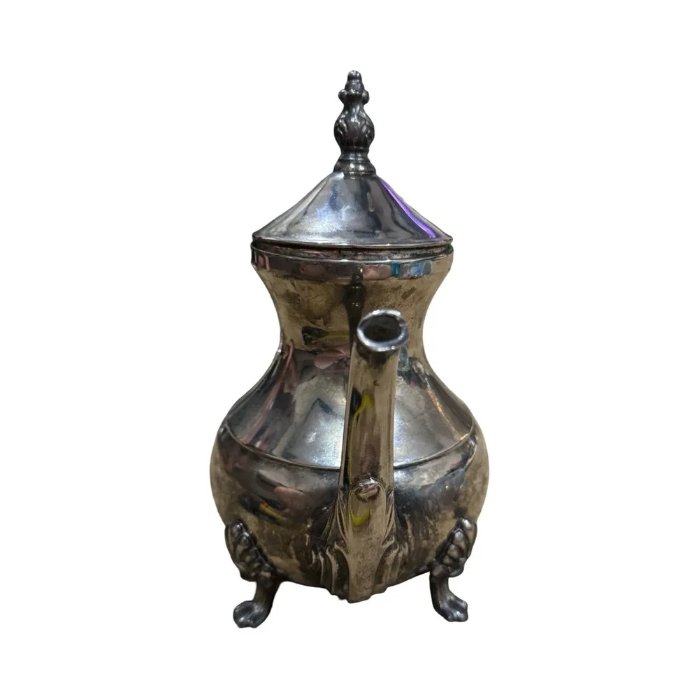 Vintage Silver Plated Footed Teapot Ornate Victorian Style Tea Pot with Finial